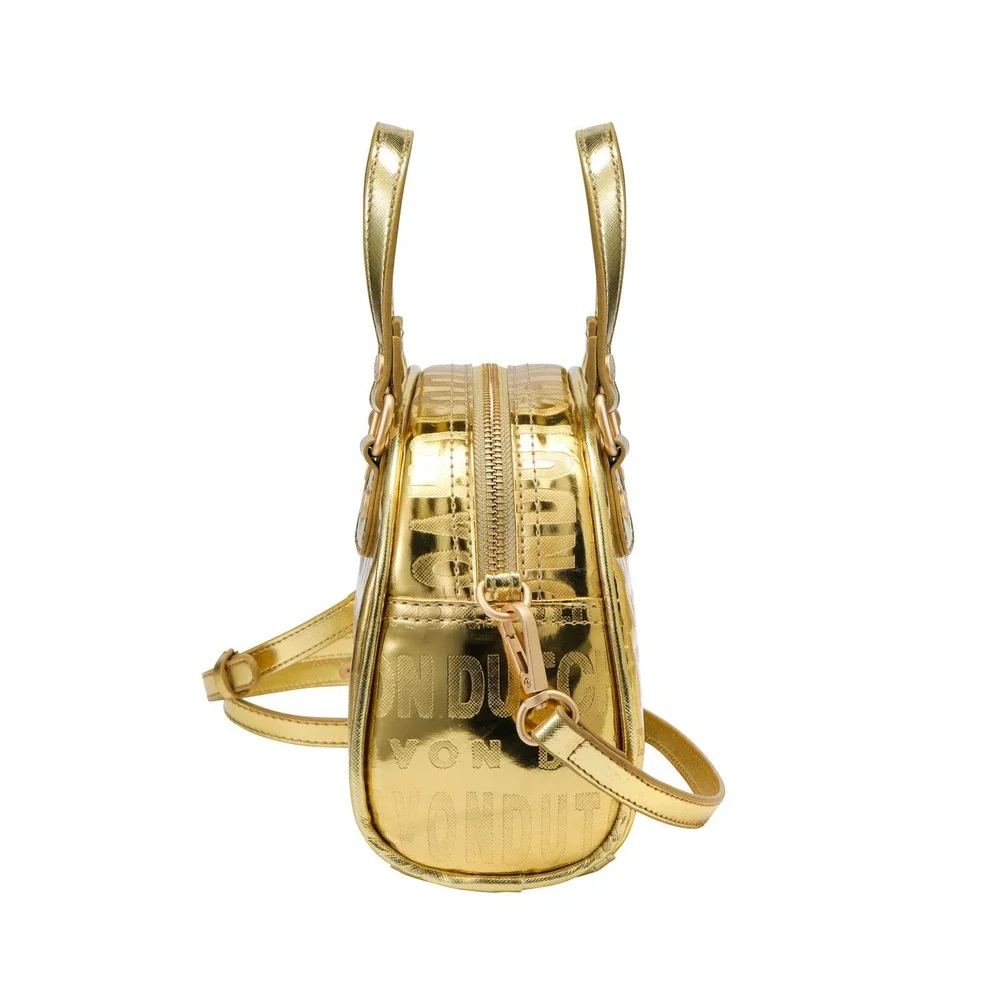 Von Dutch Metallic Gold Mini Bowler Bag Y2K Logo Crossbody Dome Satchel